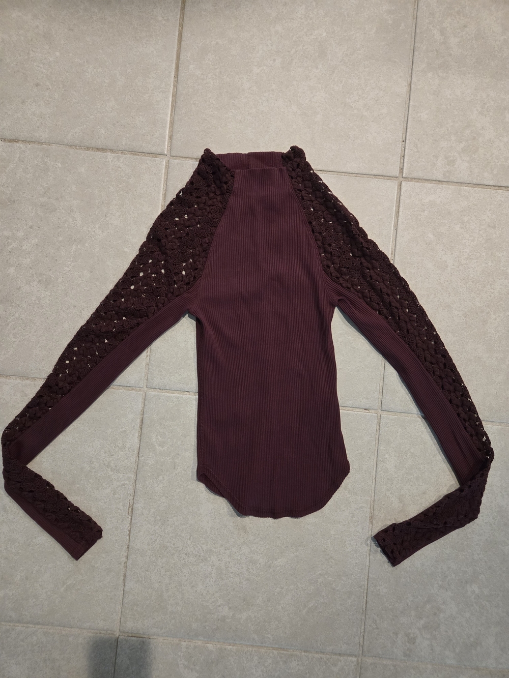 Free People Women's Burgundy Long-Sleeve Crochet Sleeve Top